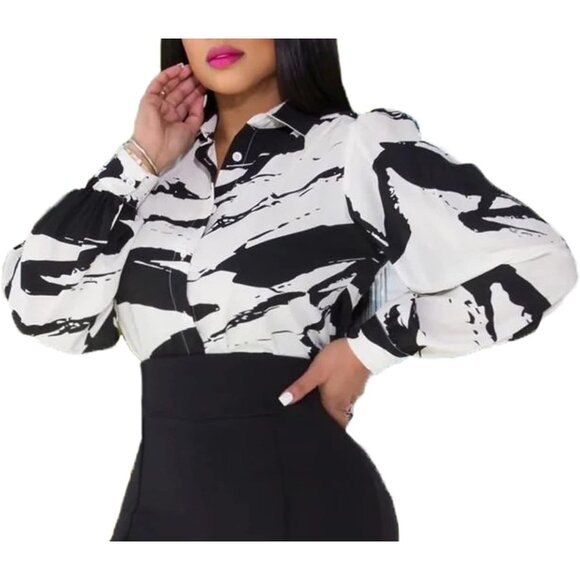 Women White Blouses Button Down Shirts Colorful Long Sleeve Floral Print Tops - Picture 6 of 6